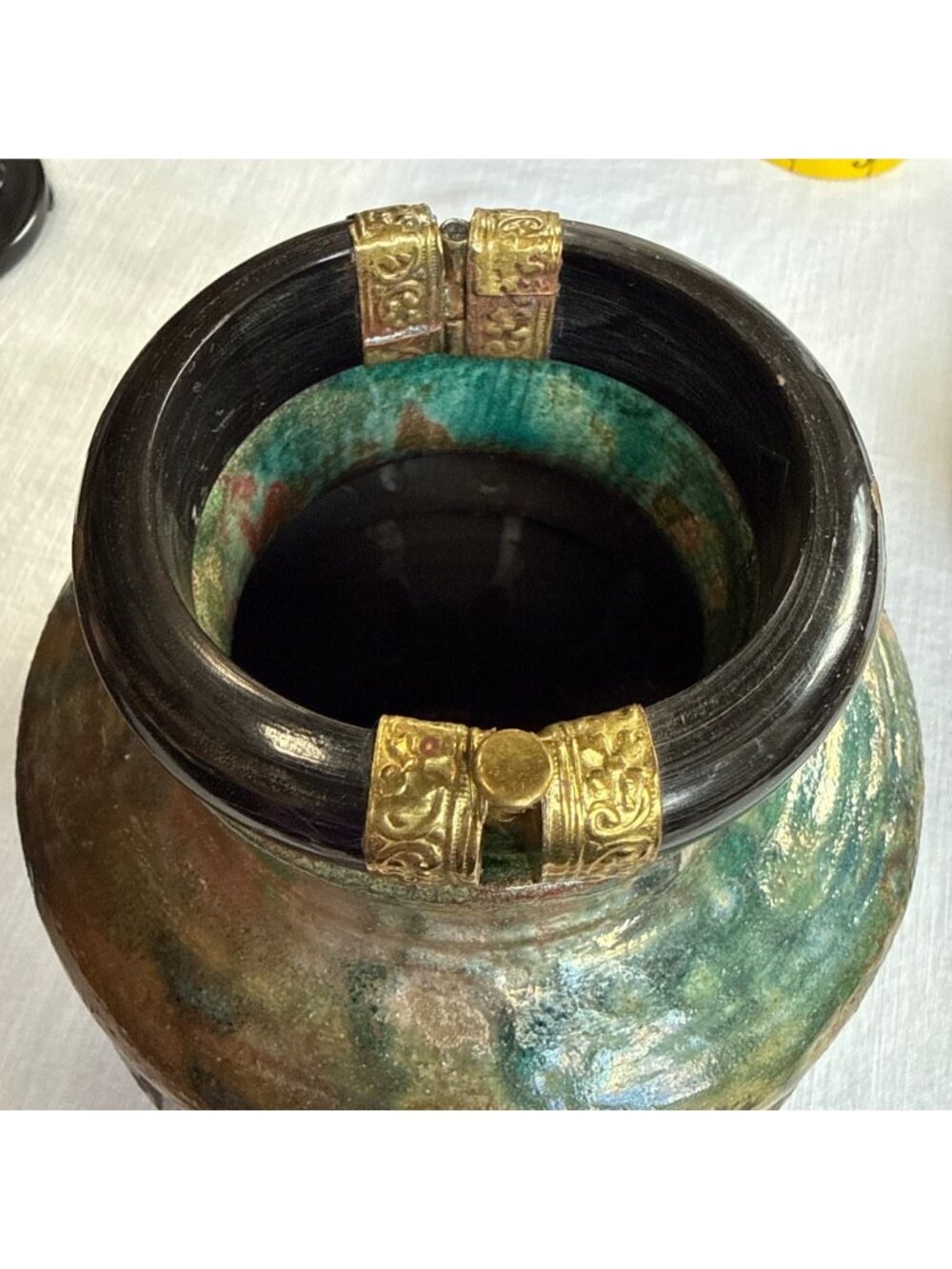 Vintage Indian Carved Water Buffalo Horn Hinged Bangle Bracelet, Ornate Brass Do
